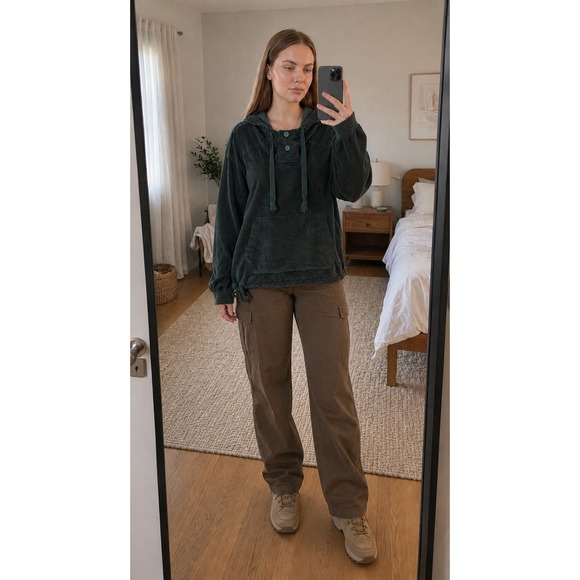 American Eagle Outfitters Tops - American Eagle Womens Corduroy Hoodie XL Green Button Neck Pullover Granola